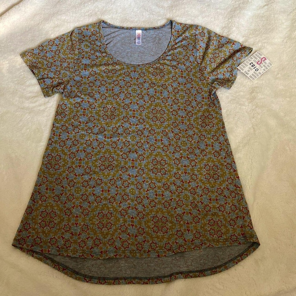 LuLaRoe Classic T Shirt Womens Small Blue Mustard Geometric Scoop Neck NWT